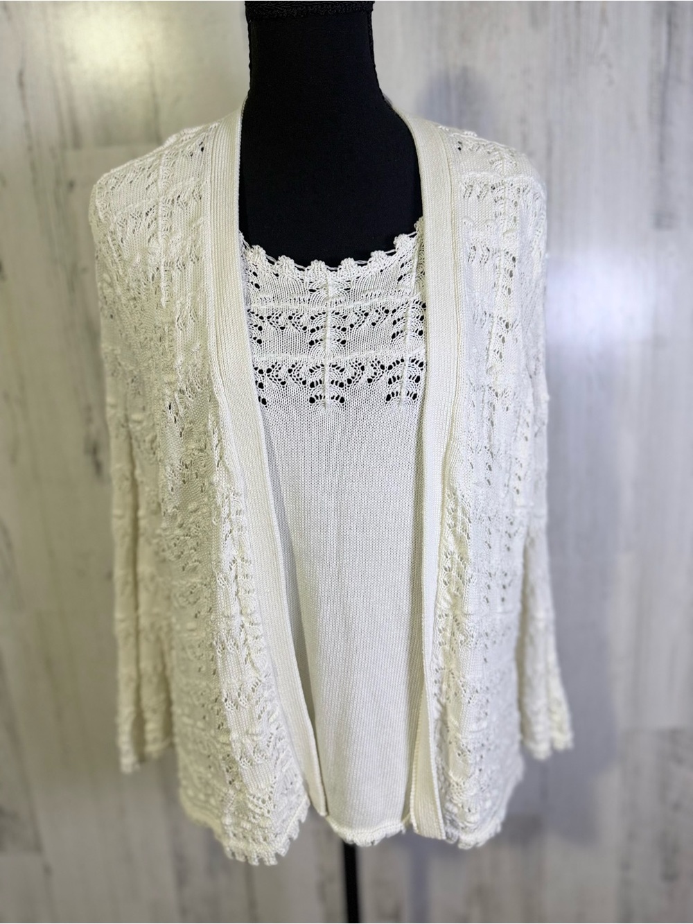 Alfred Dunner Cream Open Knit Cardigan Twin Set Tank Top XL